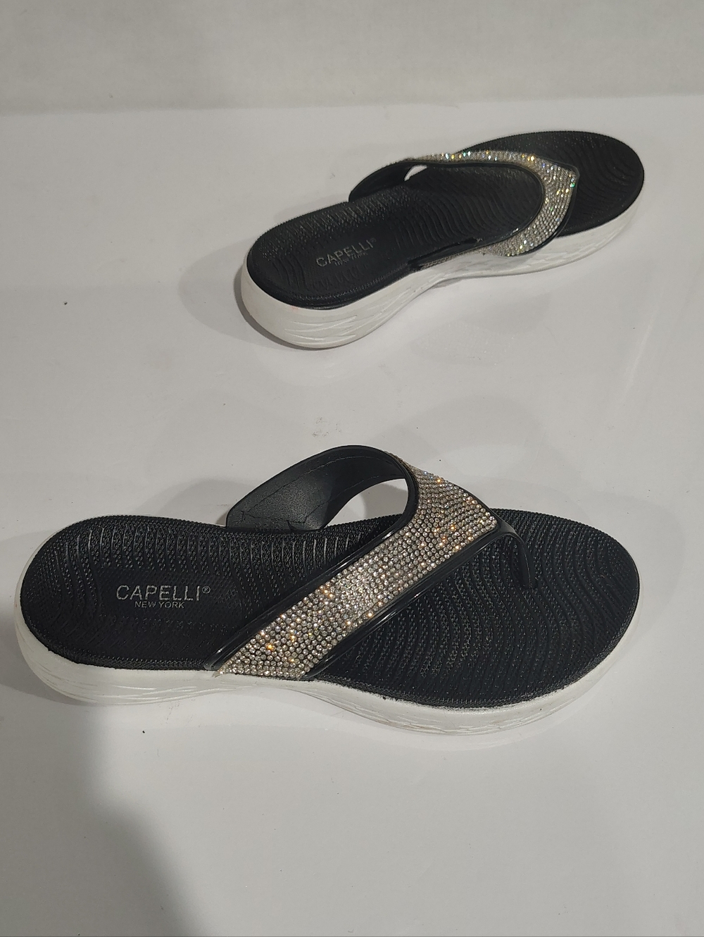 Capelli of New York Women's Black Rhinestone Wedge Flip Flops